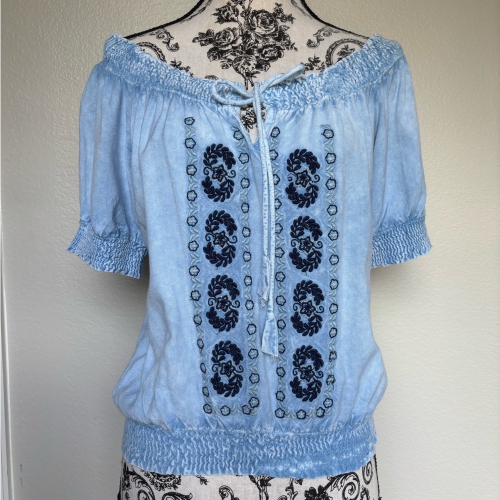 Smocked Light Blue Embroidered Peasant Blouse - Picture 12 of 13